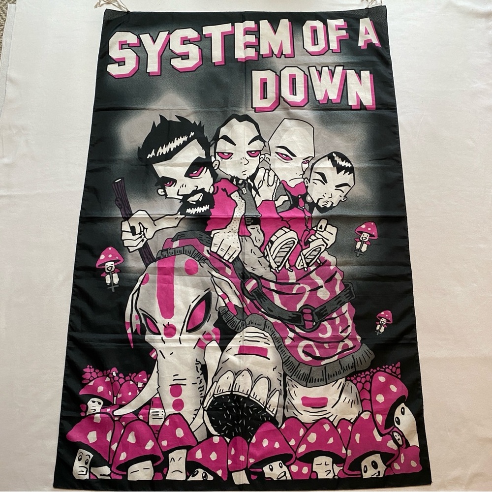 System of a Down 2002 Fabric Banner Flag Black and Pink Mushrooms